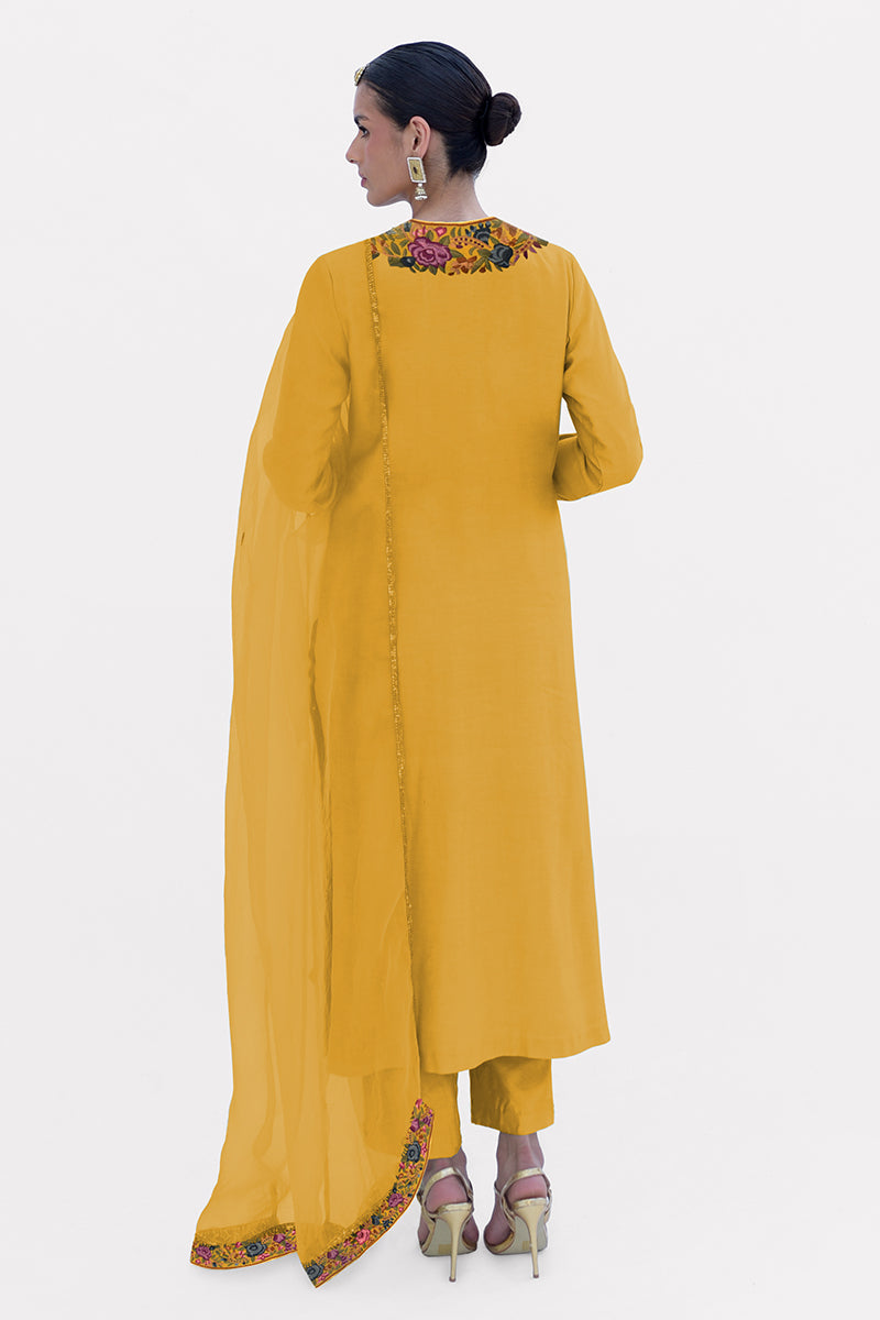 Calendula Yellow Parsi Gara Embroidered Kurta Set