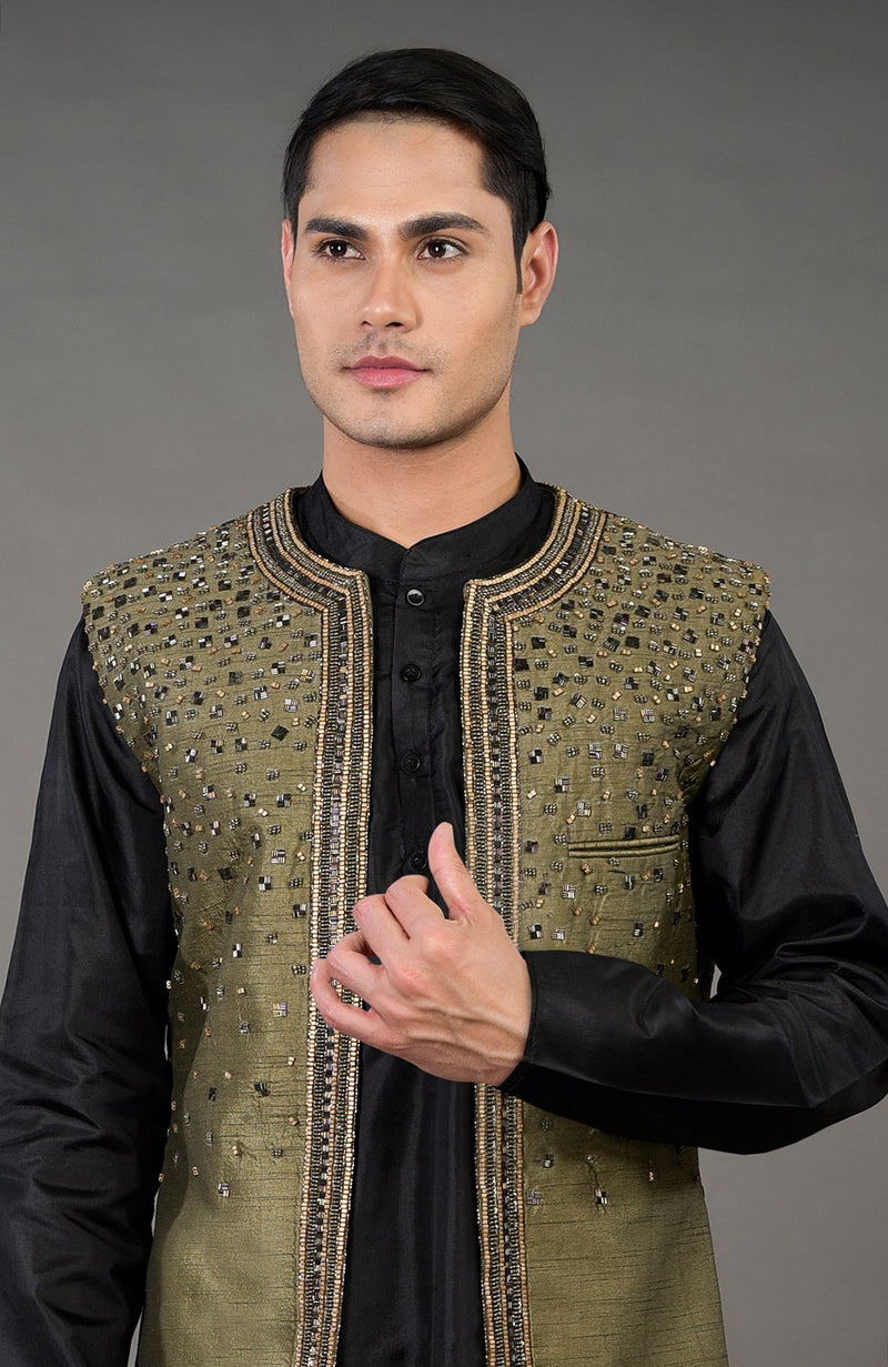 Olive Hand Embroidered Abstract Jacket Set