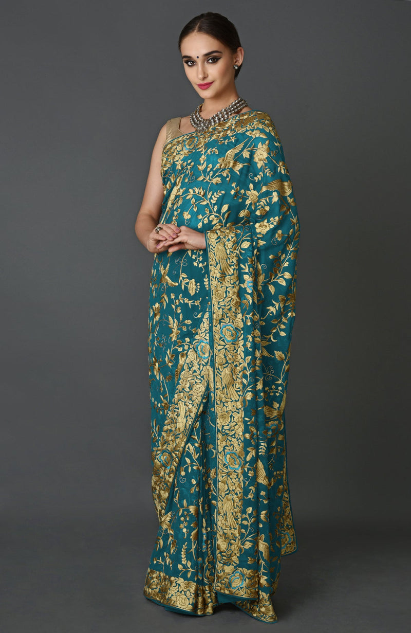 Masterpiece Teal Blue Parsi Gara Hand Embroidered Saree