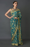Masterpiece Teal Blue Parsi Gara Hand Embroidered Saree