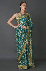 Masterpiece Teal Blue Parsi Gara Hand Embroidered Saree