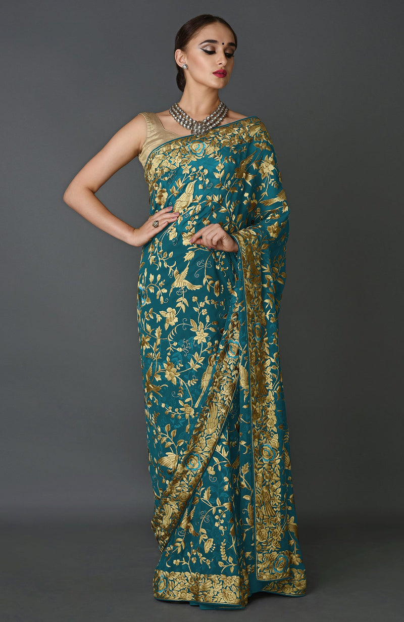 Masterpiece Teal Blue Parsi Gara Hand Embroidered Saree