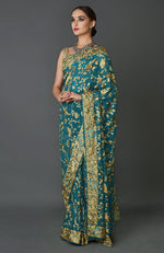 Masterpiece Teal Blue Parsi Gara Hand Embroidered Saree