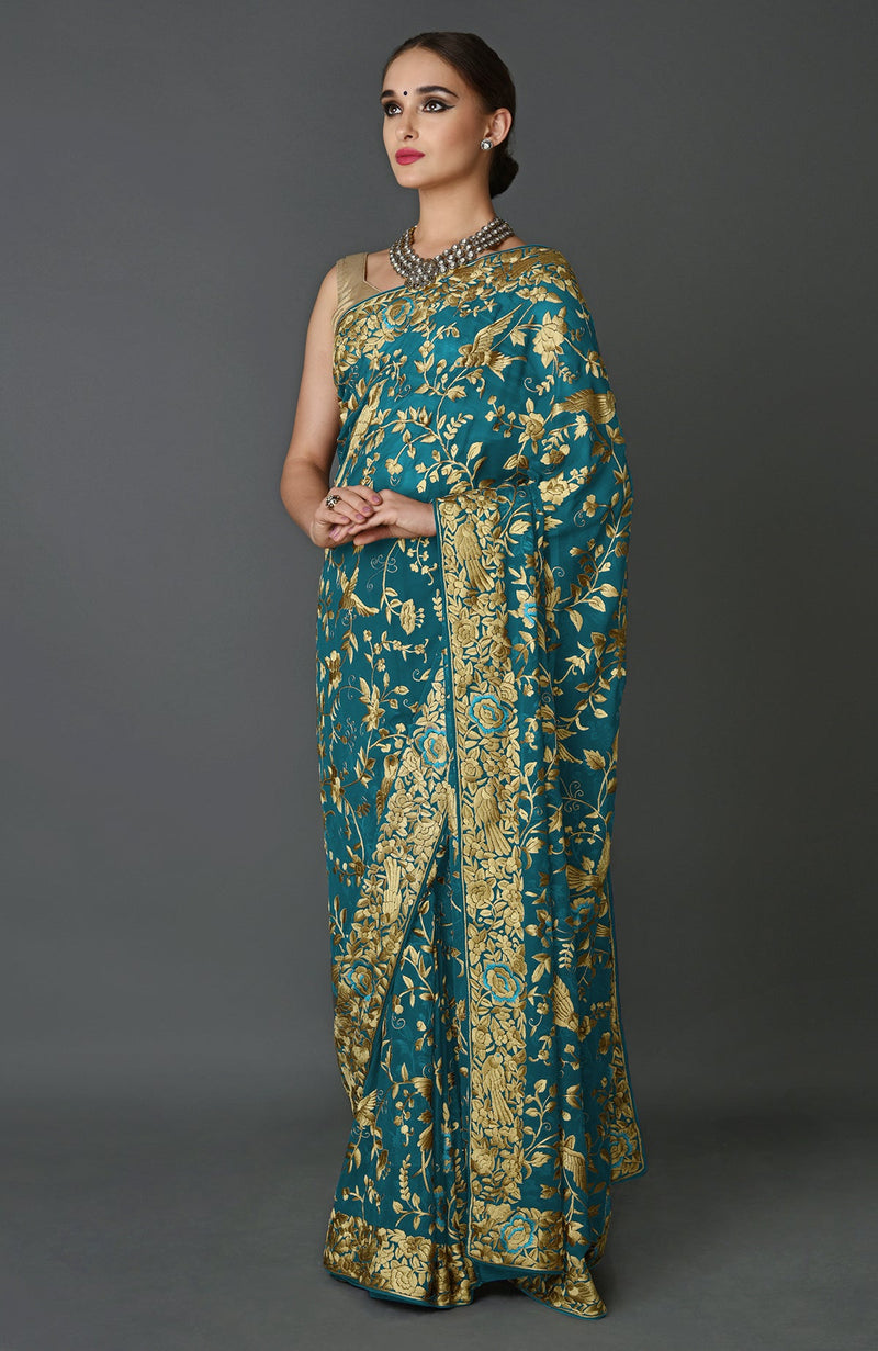 Masterpiece Teal Blue Parsi Gara Hand Embroidered Saree