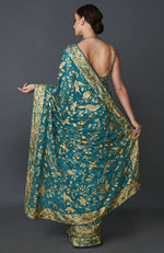 Masterpiece Teal Blue Parsi Gara Hand Embroidered Saree