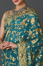 Masterpiece Teal Blue Parsi Gara Hand Embroidered Saree