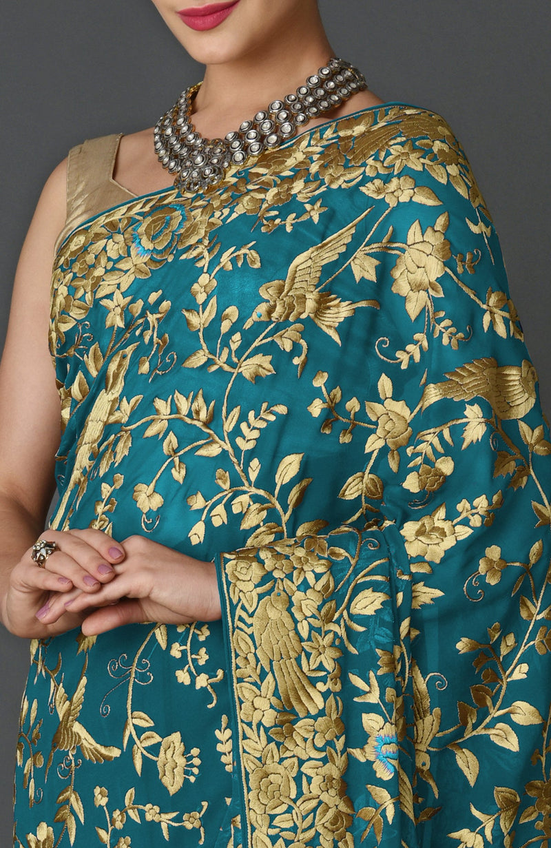 Masterpiece Teal Blue Parsi Gara Hand Embroidered Saree