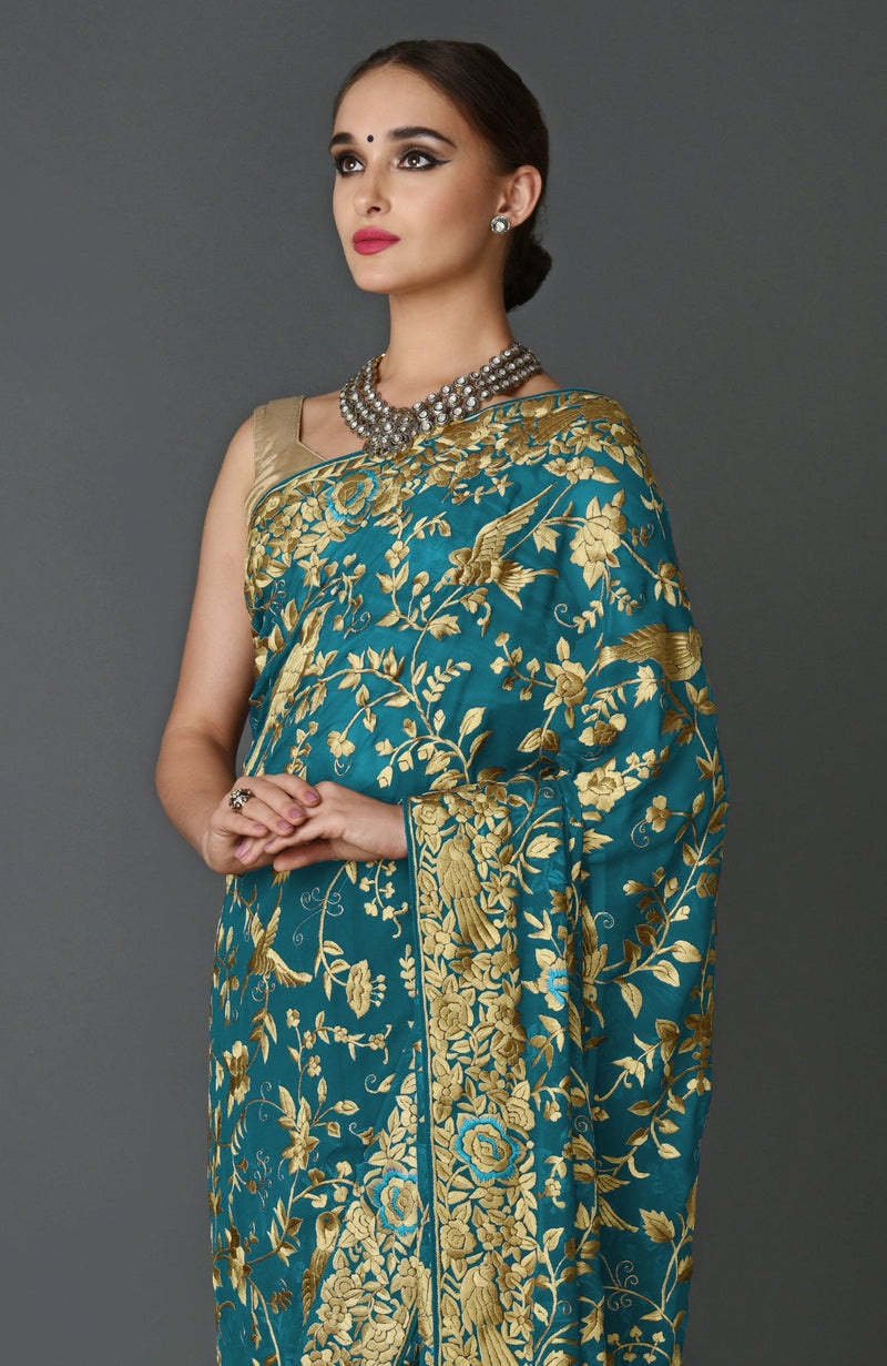 Masterpiece Teal Blue Parsi Gara Hand Embroidered Saree