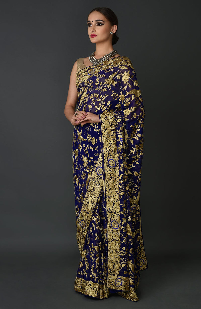 Masterpiece Teal Blue Parsi Gara Hand Embroidered Saree