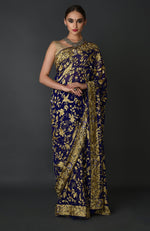 Masterpiece Indigo Blue Parsi Gara Hand Embroidered Saree