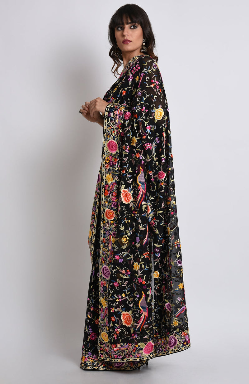 Black Masterpiece Parsi Gara Hand Embroidered Saree