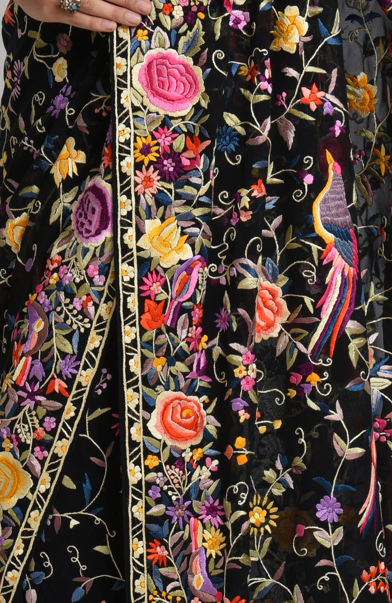 Black Masterpiece Parsi Gara Hand Embroidered Saree