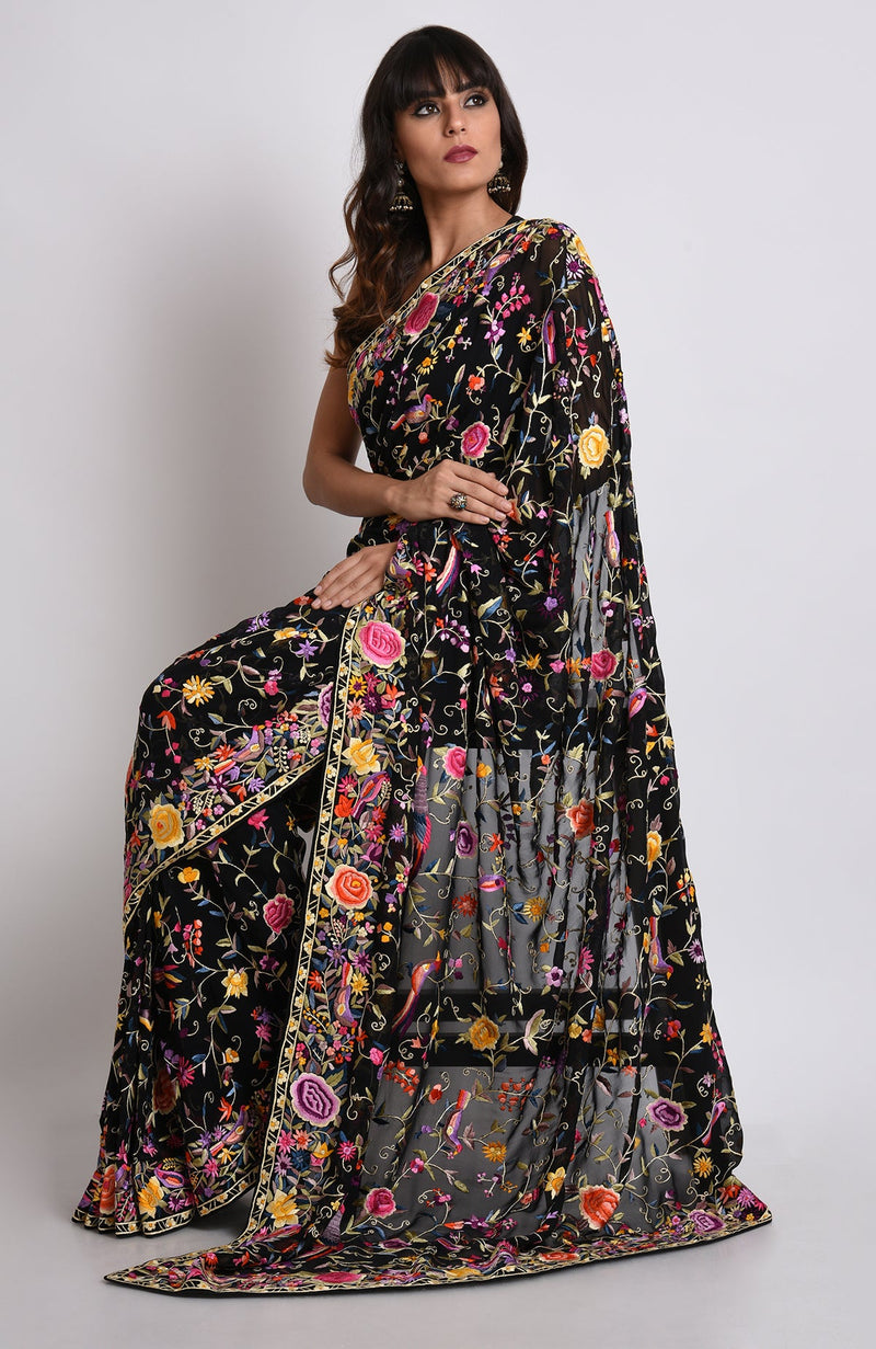 Black Masterpiece Parsi Gara Hand Embroidered Saree