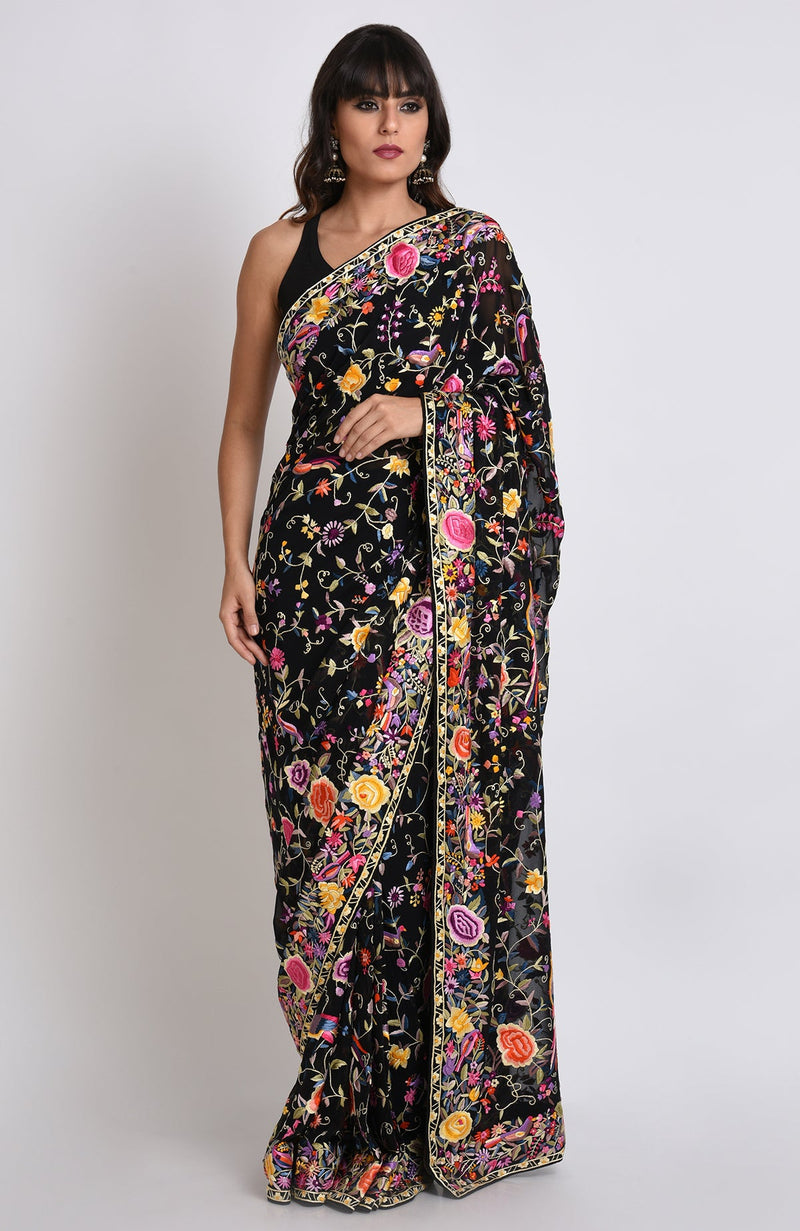 Black Masterpiece Parsi Gara Hand Embroidered Saree