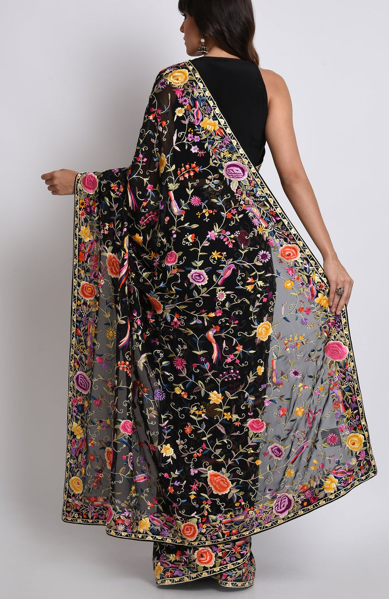 Black Masterpiece Parsi Gara Hand Embroidered Saree