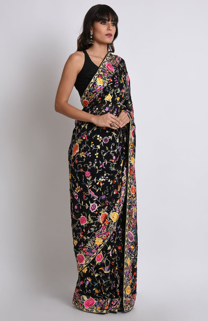 Black Masterpiece Parsi Gara Hand Embroidered Saree