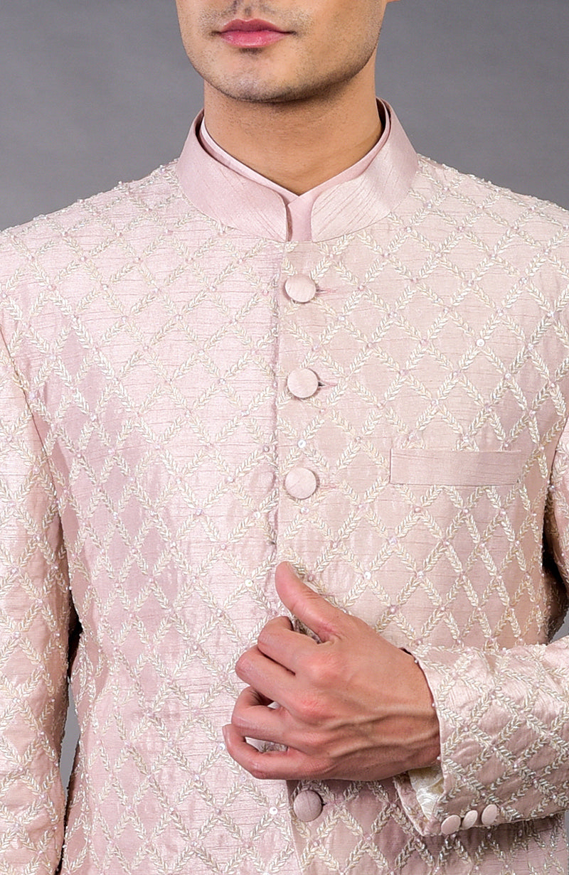 Barely Pink Chikankari Embellished Bandhgala & Angarkha kurta set