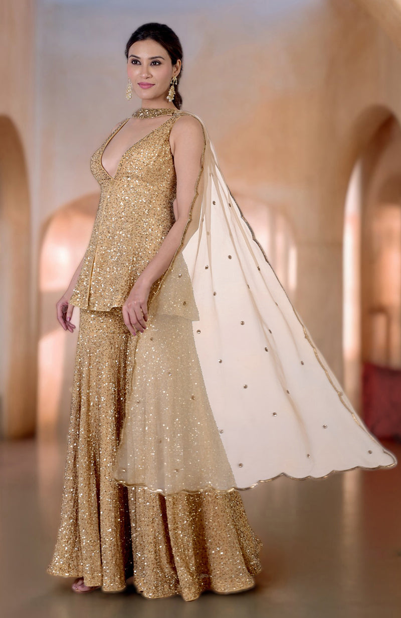 Cleopatra Gold Bead & Sequin Hand Embroidered Sharara Set