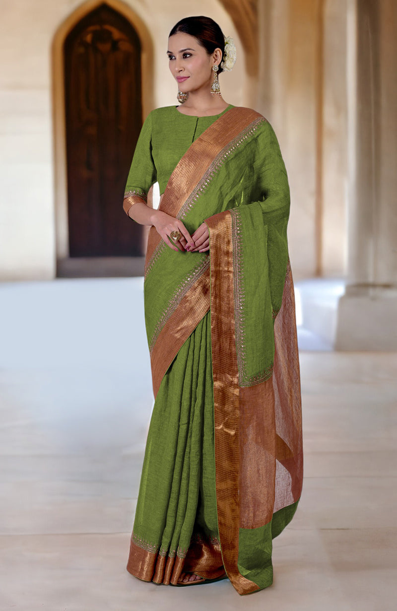 Mosaic Blue  Marori  Embroidered Linen Saree