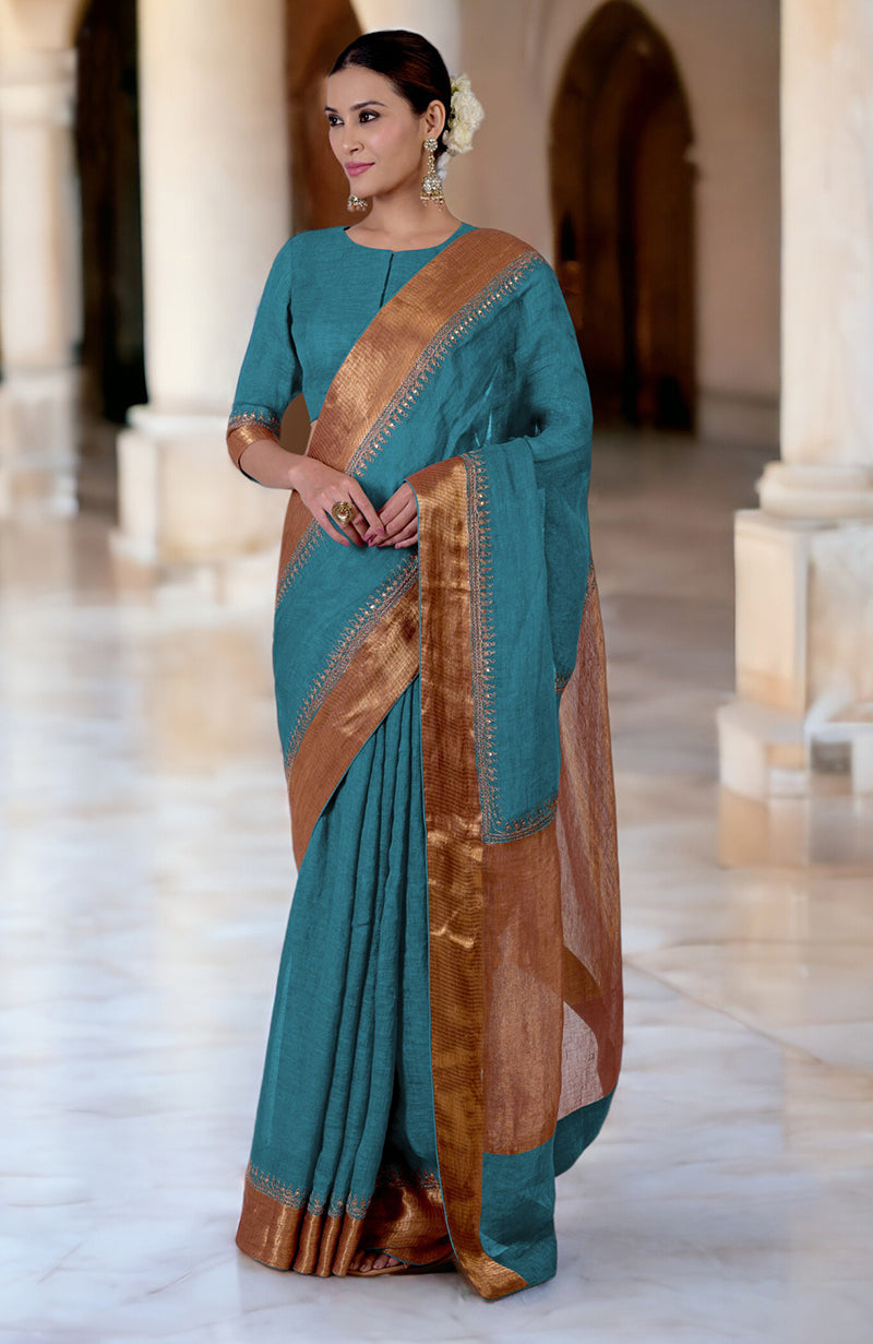 Mosaic Blue  Marori  Embroidered Linen Saree