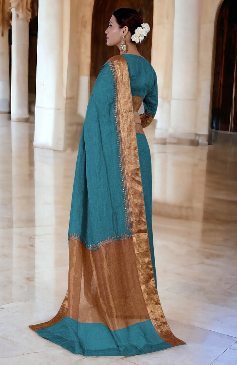 Mosaic Blue  Marori  Embroidered Linen Saree