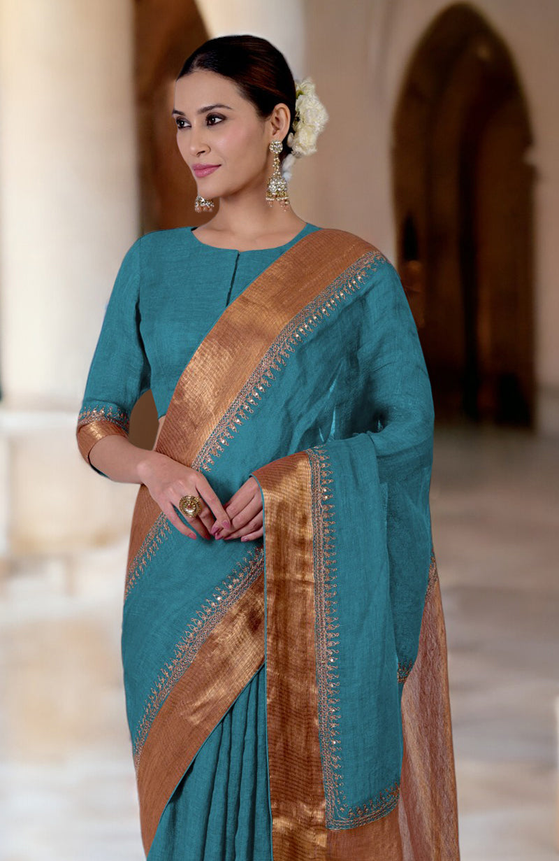 Mosaic Blue  Marori  Embroidered Linen Saree