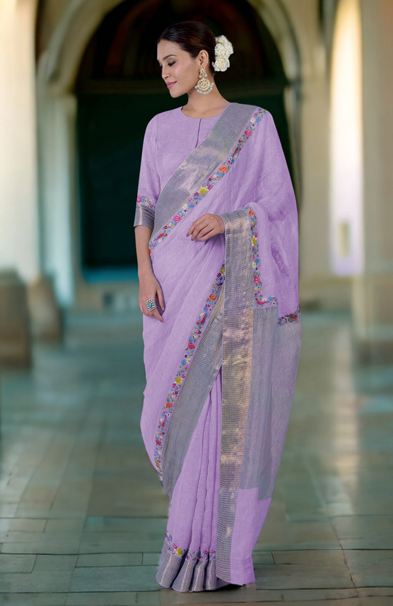 Desert Rose Parsi Gara Embroidered Linen Saree