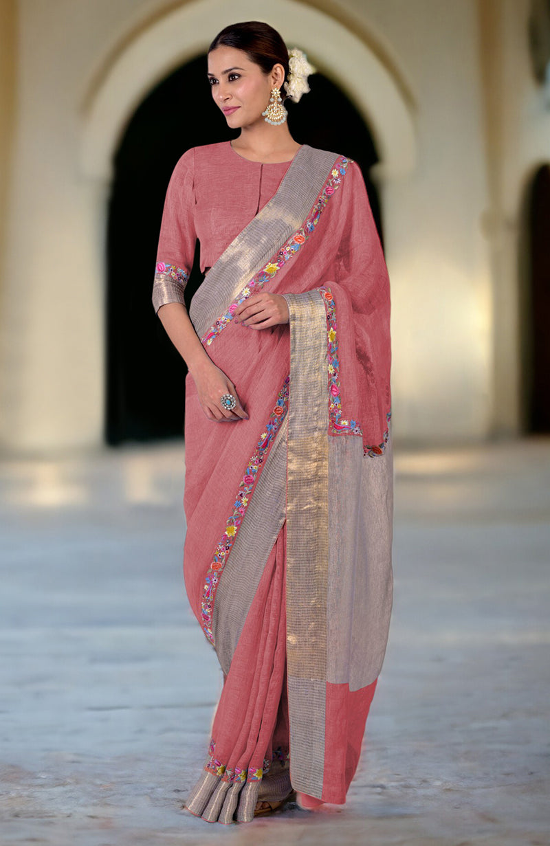 Desert Rose Parsi Gara Embroidered Linen Saree