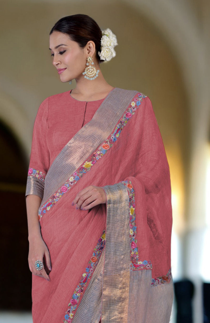 Desert Rose Parsi Gara Embroidered Linen Saree