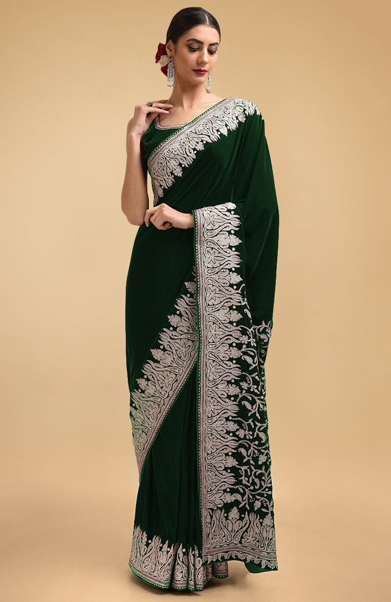 Plum Kashmiri Silver Tilla Aari Embroidered Velvet Saree