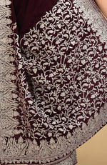 Plum Kashmiri Silver Tilla Aari Embroidered Velvet Saree