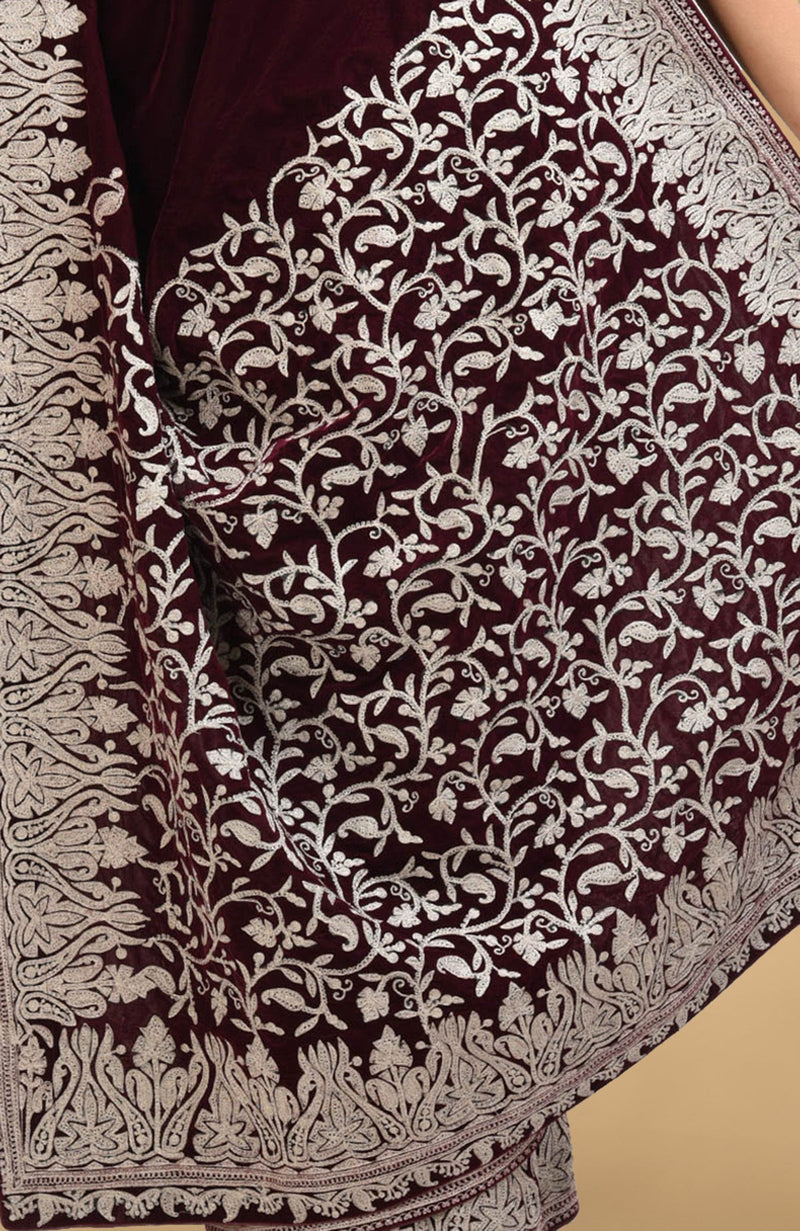 Plum Kashmiri Silver Tilla Aari Embroidered Velvet Saree