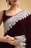 Plum Kashmiri Silver Tilla Aari Embroidered Velvet Saree