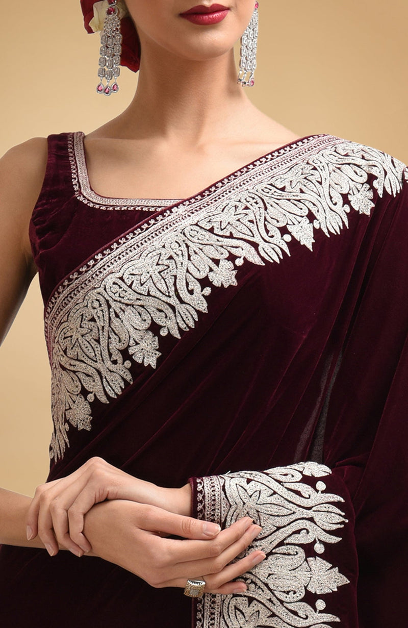 Plum Kashmiri Silver Tilla Aari Embroidered Velvet Saree
