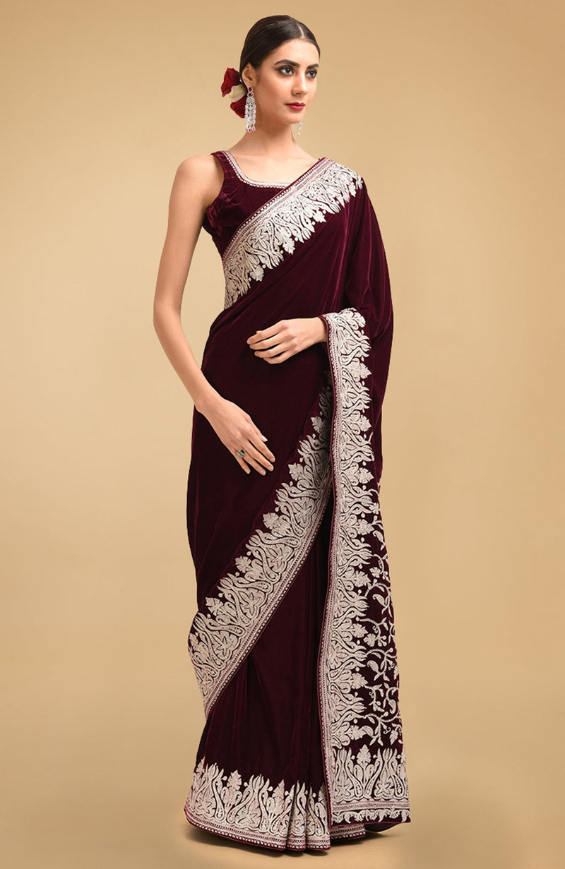 Plum Kashmiri Silver Tilla Aari Embroidered Velvet Saree