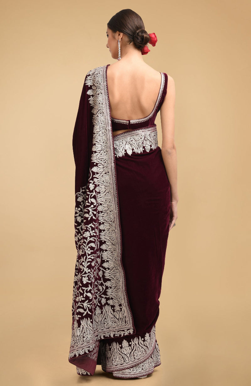Plum Kashmiri Silver Tilla Aari Embroidered Velvet Saree