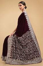 Plum Kashmiri Silver Tilla Aari Embroidered Velvet Saree