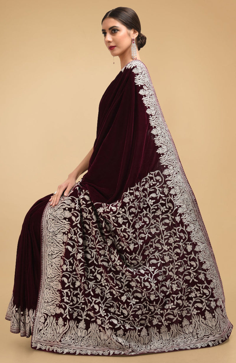 Plum Kashmiri Silver Tilla Aari Embroidered Velvet Saree