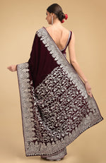 Plum Kashmiri Silver Tilla Aari Embroidered Velvet Saree