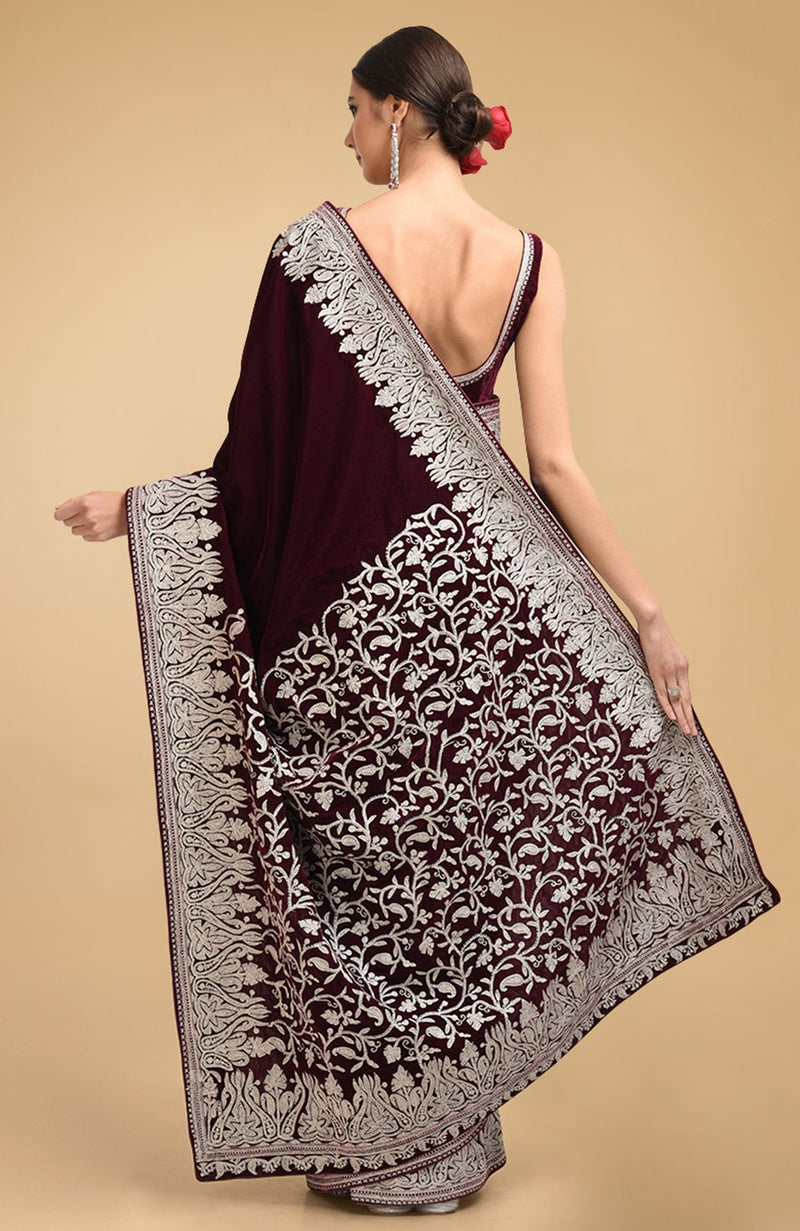 Plum Kashmiri Silver Tilla Aari Embroidered Velvet Saree