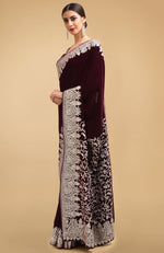 Plum Kashmiri Silver Tilla Aari Embroidered Velvet Saree