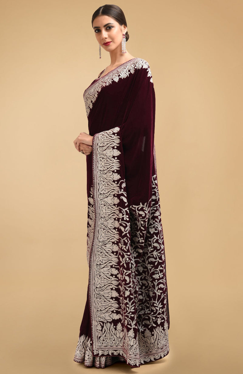 Plum Kashmiri Silver Tilla Aari Embroidered Velvet Saree