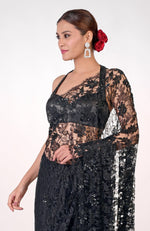 Black French Chantilly Lace Hand Embroidered Saree