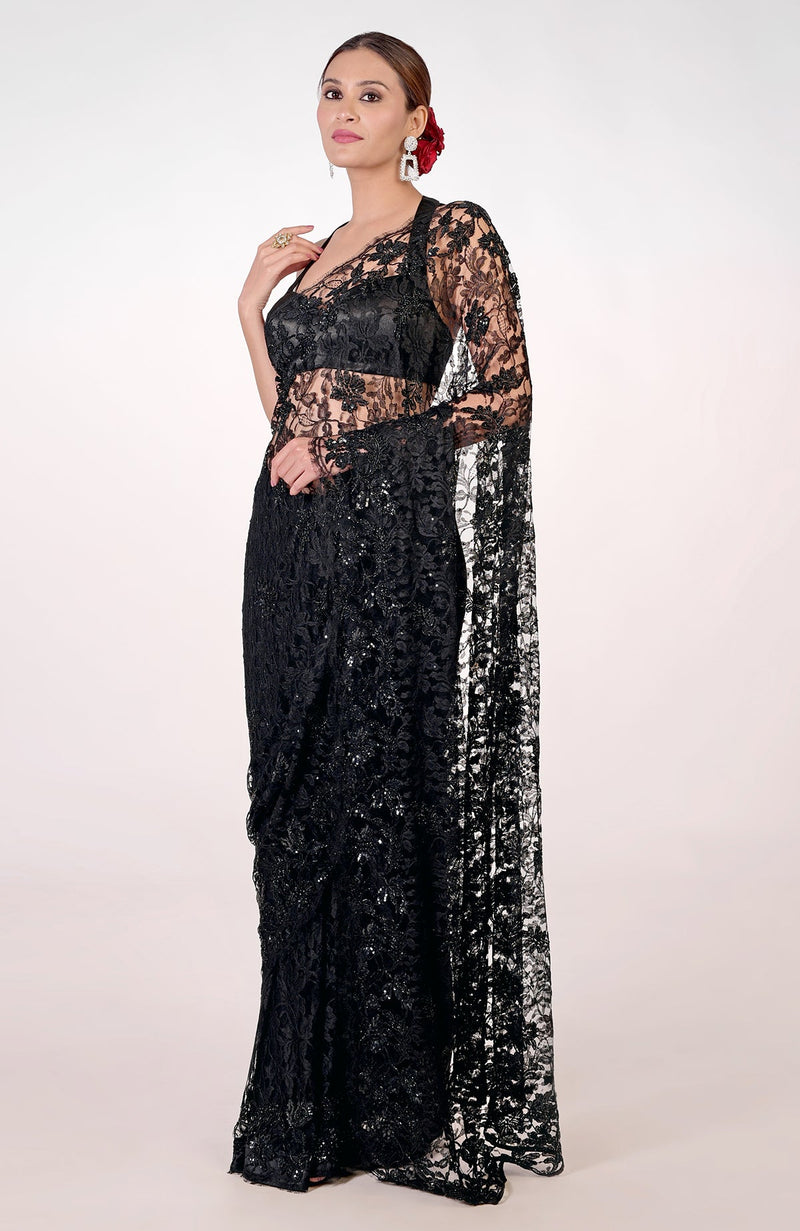 Black French Chantilly Lace Hand Embroidered Saree
