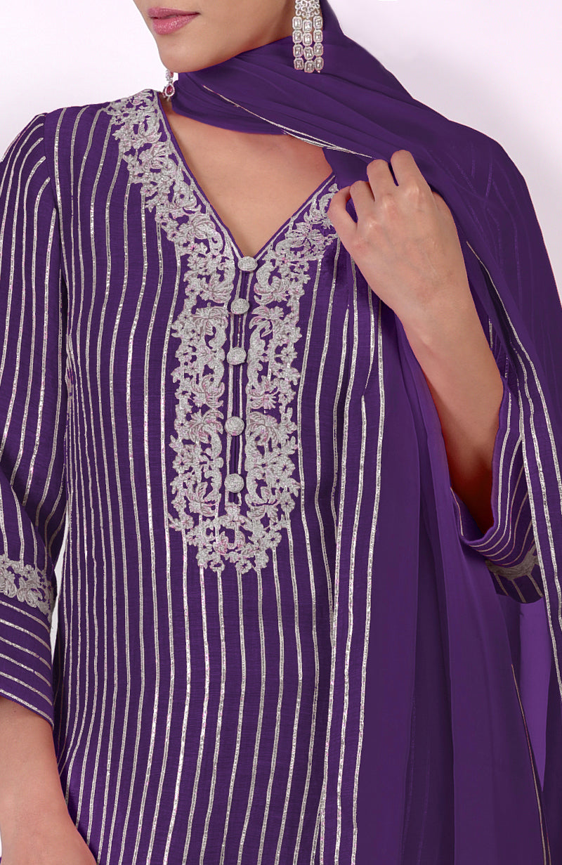 Mulled Grape Gota & Tilla Embroidered Silk Linen Suit