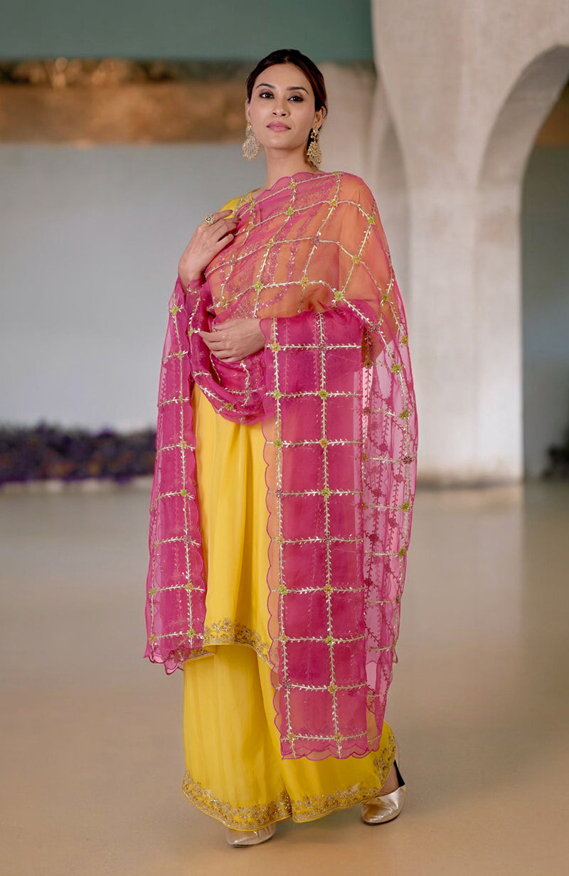 Fuchsia-Gold Floral Hand Embroidered Dupatta