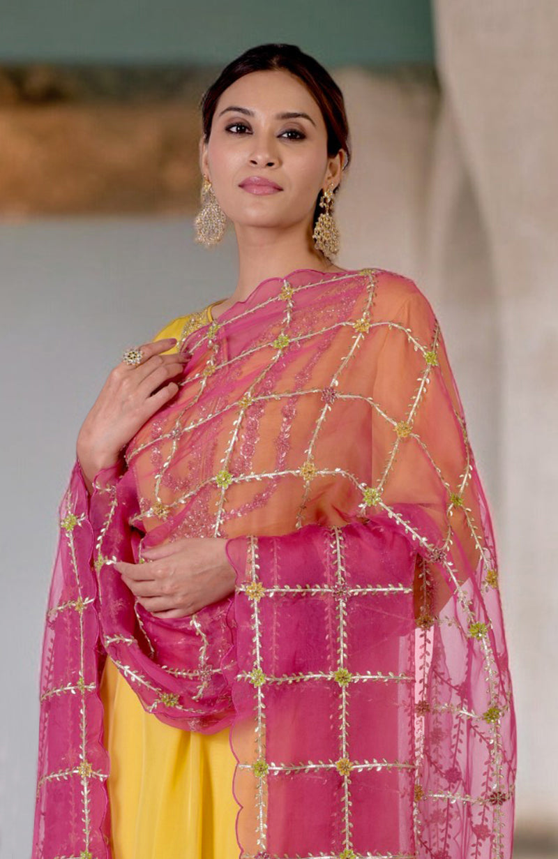 Buttercup Yellow Gota & Zardozi Suit With Fuchsia Dupatta