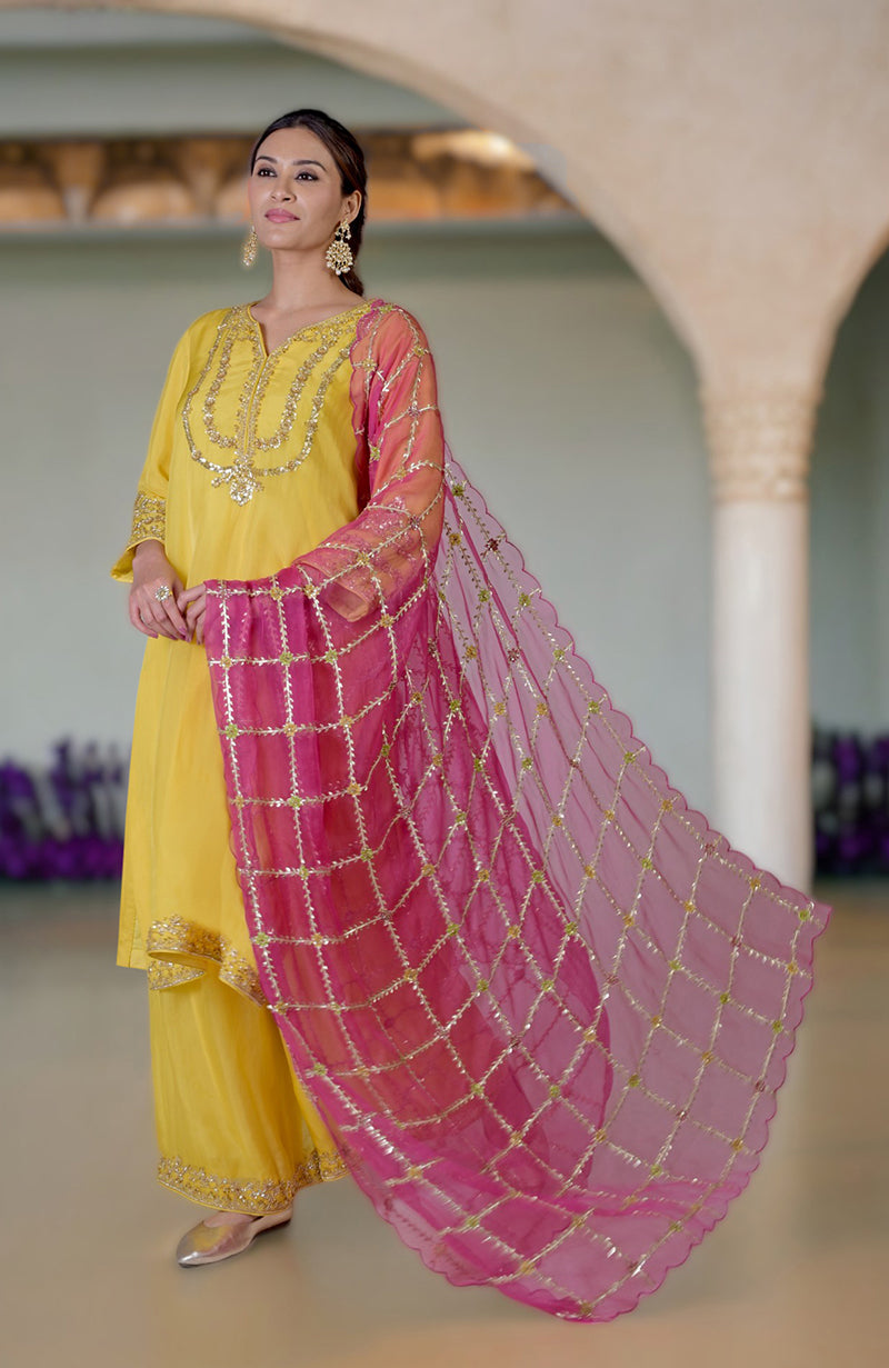 Buttercup Yellow Gota & Zardozi Suit With Fuchsia Dupatta