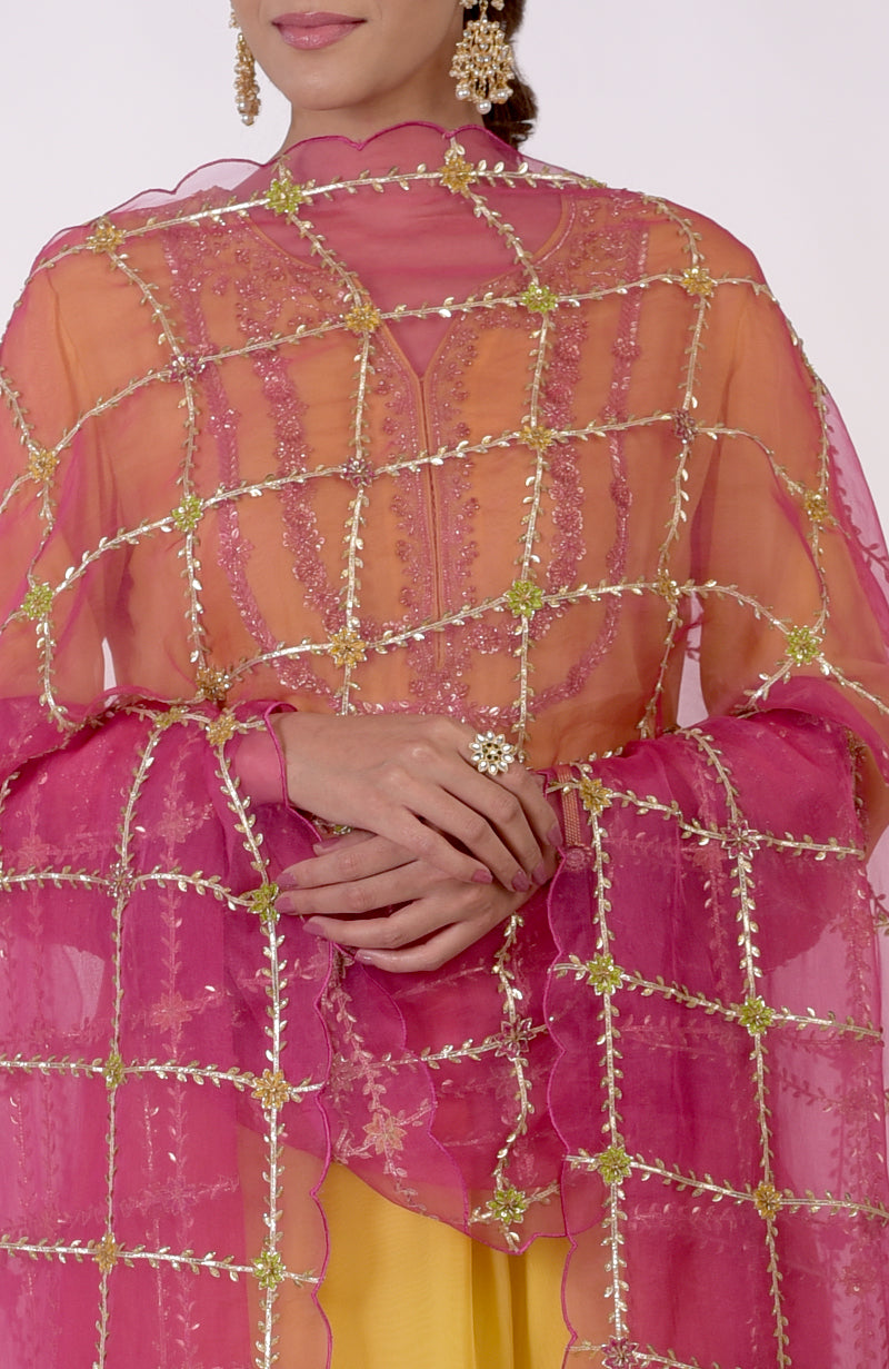 Buttercup Yellow Gota & Zardozi Suit With Fuchsia Dupatta