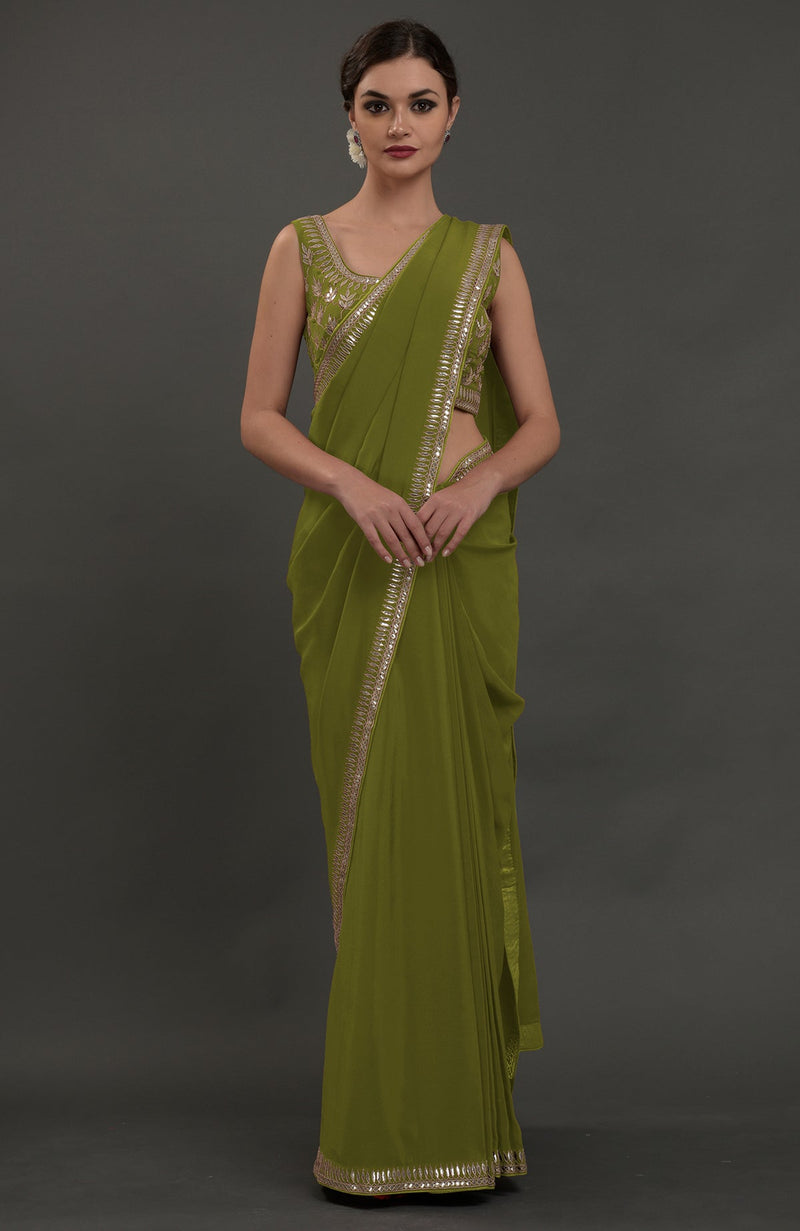 Avocado Green Embroidered Gota Patti Saree